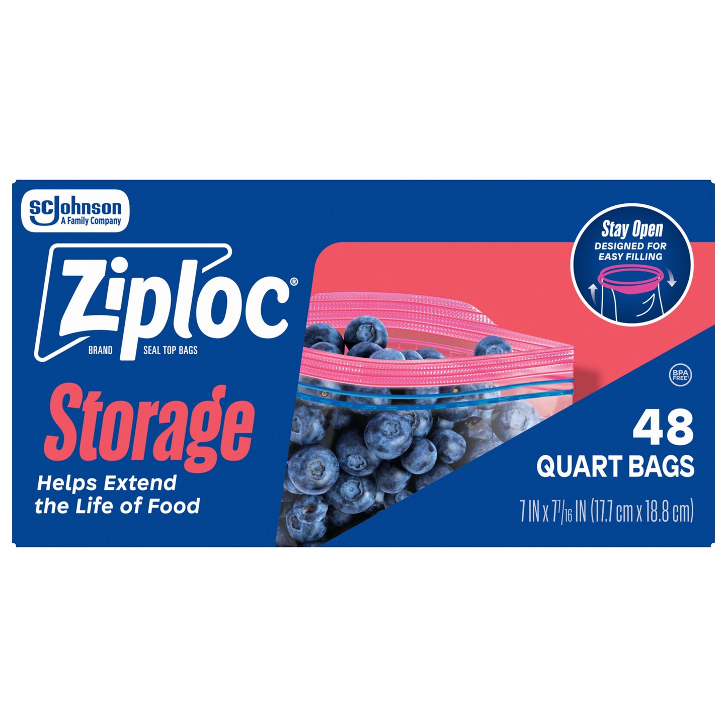 Ziploc Quart Storage Bags, Stay Open Design