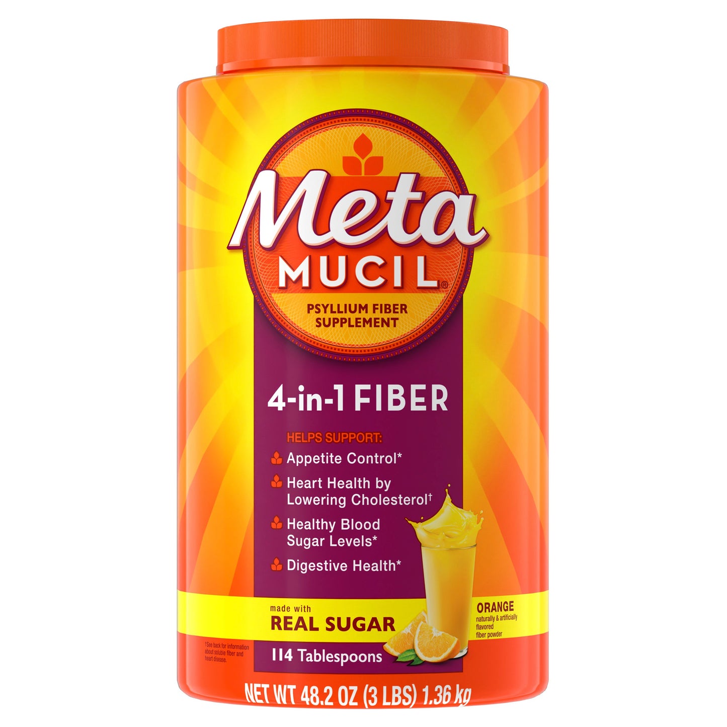 Metamucil 4-in-1 Psyllium Husk Fiber Supplement, Real Sugar, Plant-Based, Daily Fiber Powder for Digestive Health, Orange Flavor