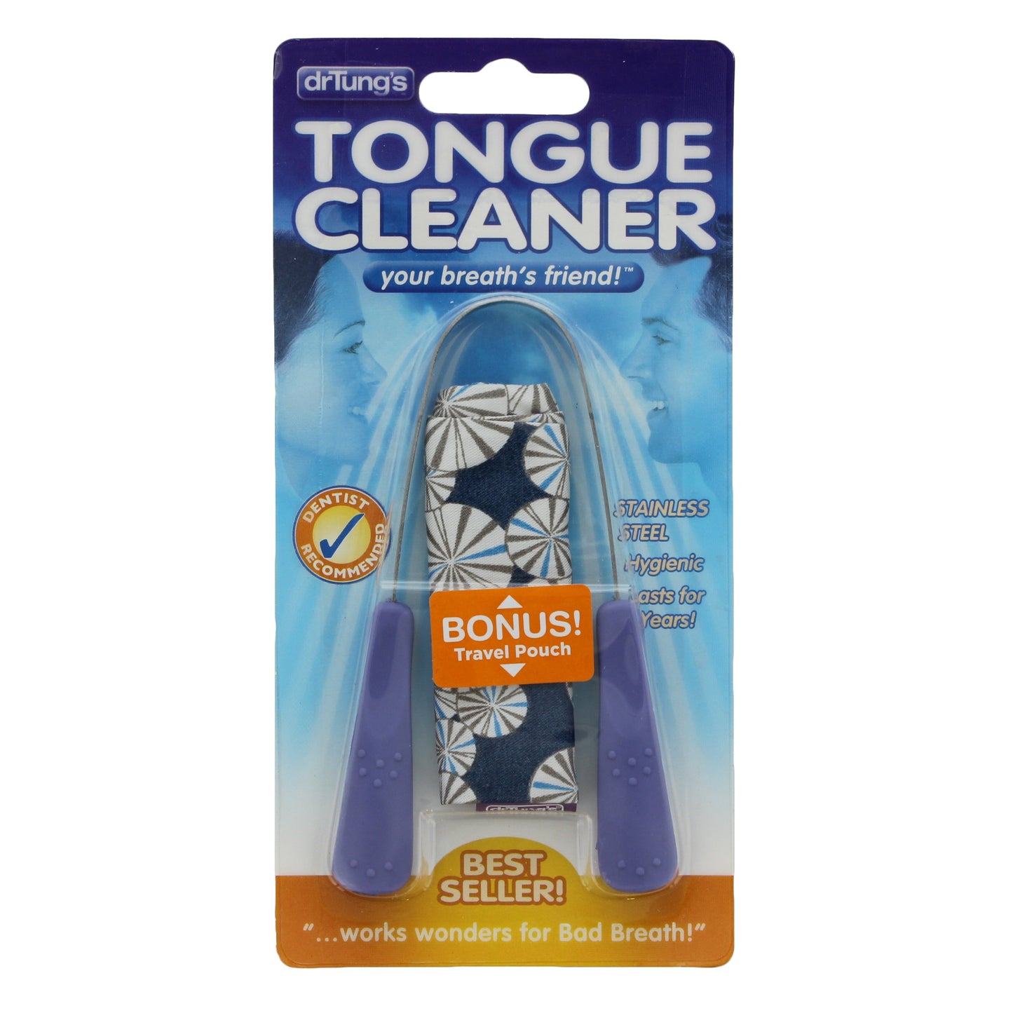 DrTung's Stainless Steel Tongue Cleaner with Travel Pouch, Colors May Vary