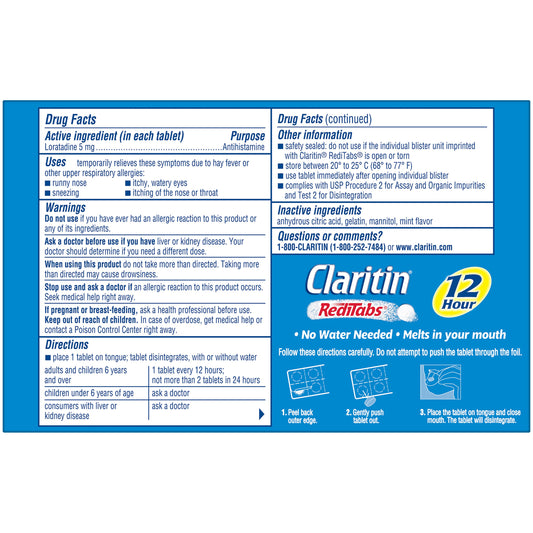 Claritin 12-Hour Non-Drowsy 5 mg Loratadine Antihistamine Allergy RediTabs