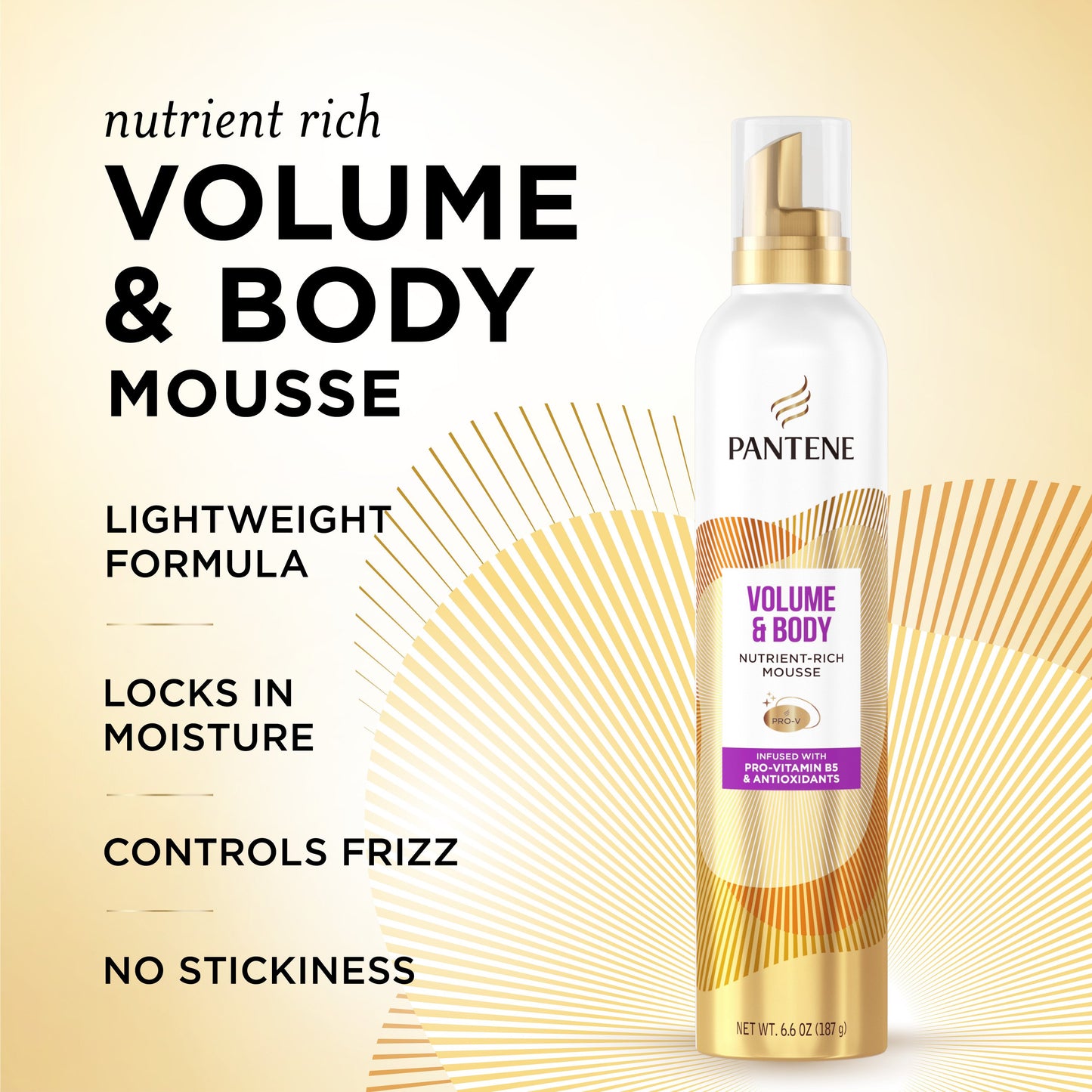 Pantene Volume and Body Mousse, Pro-V Nutrient-Rich Formula for Fullness, 6.6 oz