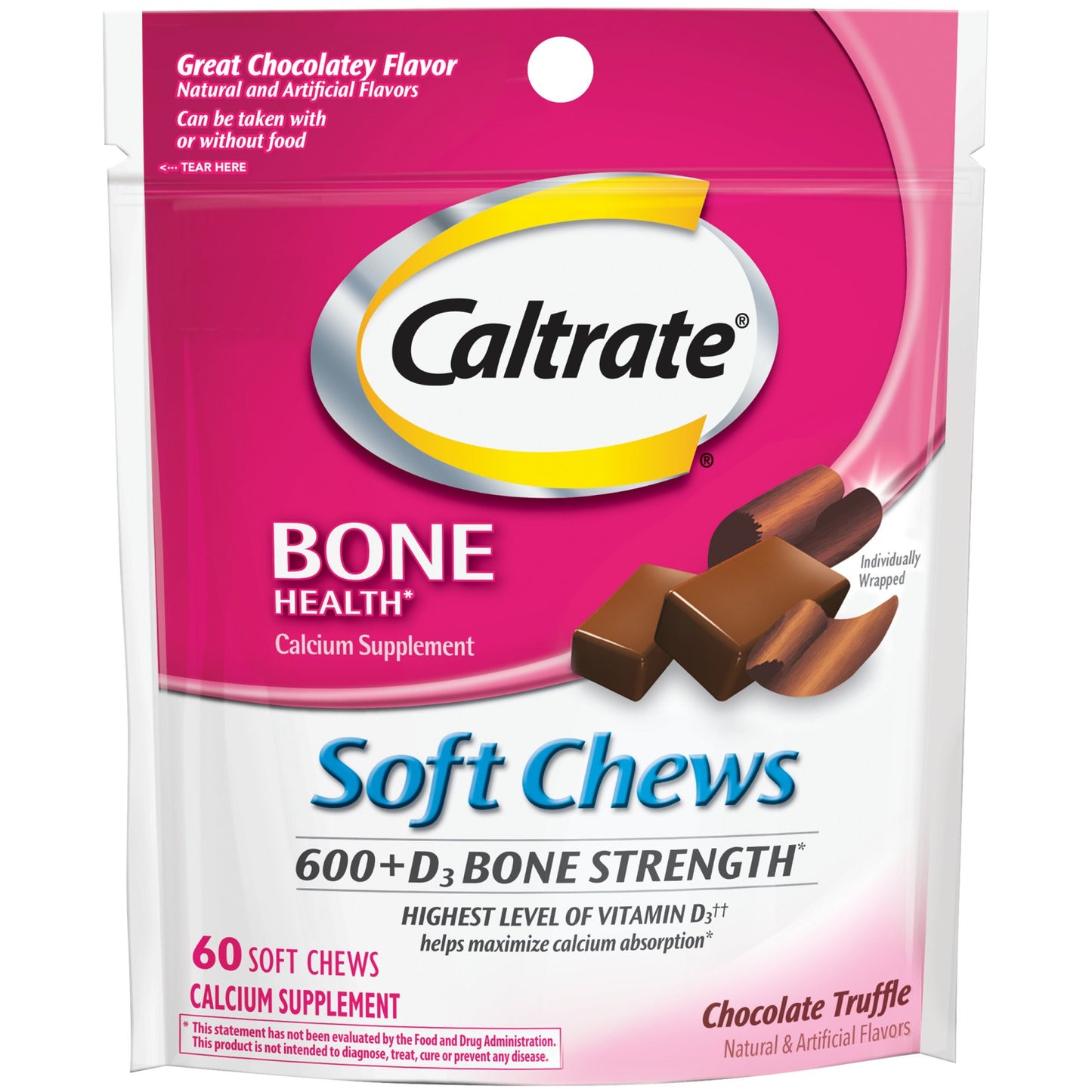 Caltrate Soft Chews 600+D3 Calcium Vitamin D Supplement, Chocolate Truffle