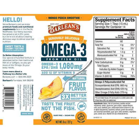 Barlean's Omega-3 Fish Oil + Vitamin D - Mango Peach Smoothie Flavor