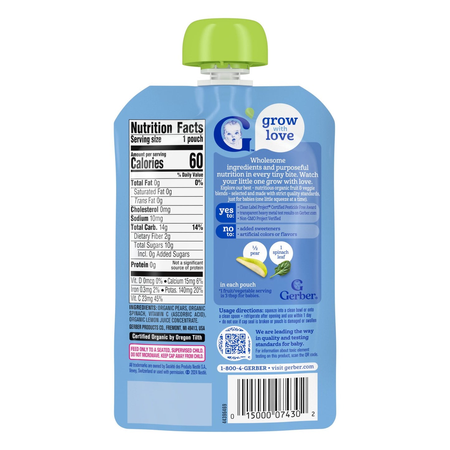 Gerber Stage 2 Baby Food Pouch - Organic Pear Spinach Puree