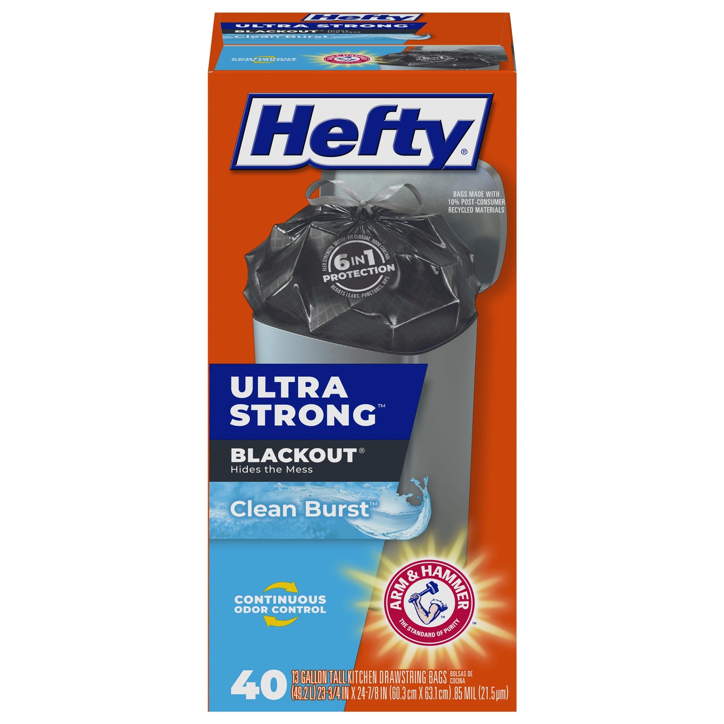 Hefty Ultra Strong Blackout Tall Kitchen Drawstring Trash Bags, 13 Gallon - Clean Burst Scent