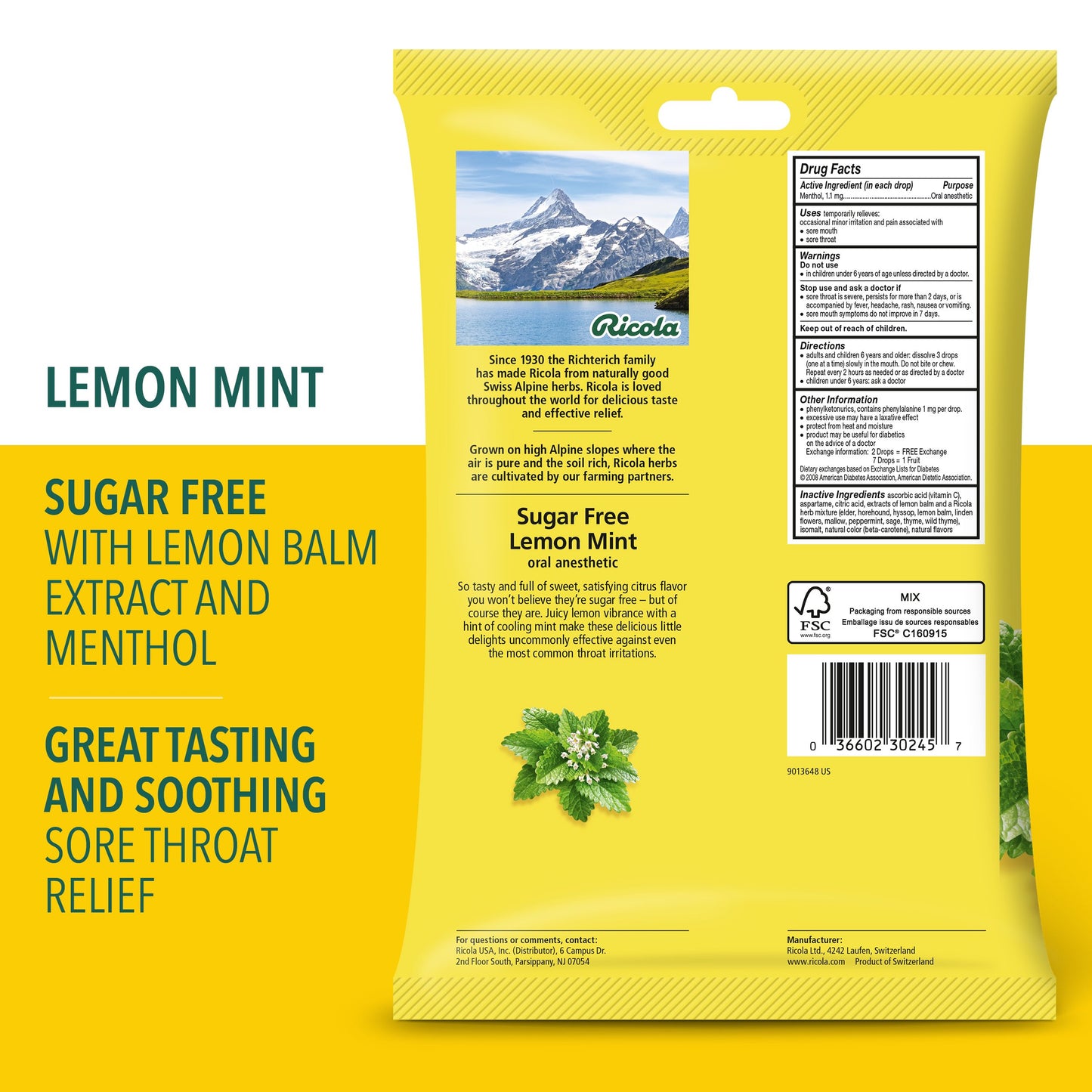 Ricola Sugar Free Throat Drops - Lemon Mint