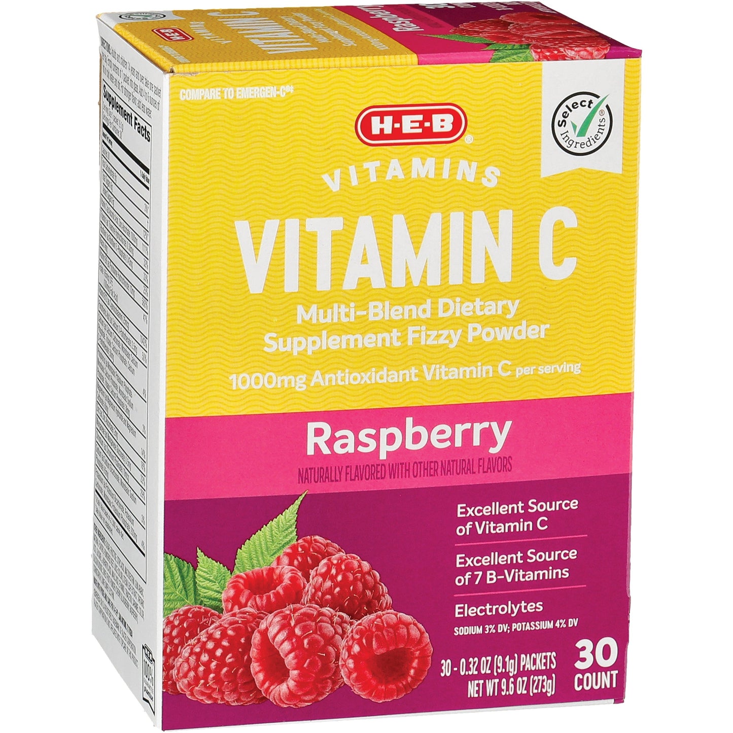 H-E-B Vitamins C 1,000 mg Fizzy Powder Drink Mix - Raspberry
