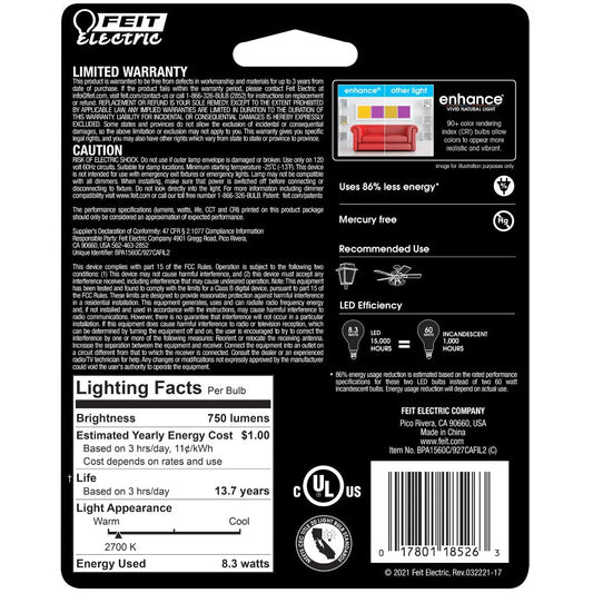 Feit Electric A15 60-Watt Dimmable LED Light Bulbs - Soft White