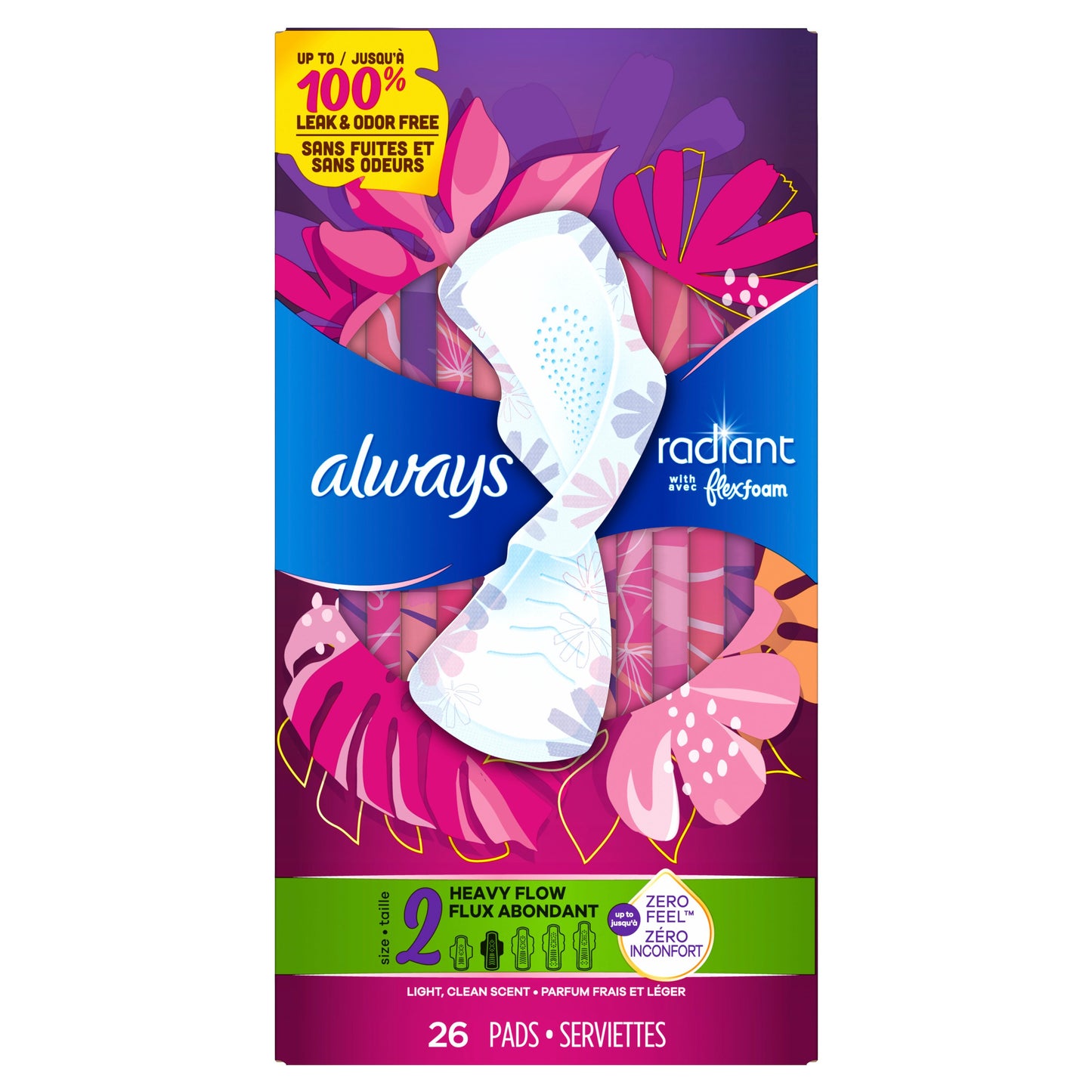 Always Always Radiant Feminine Pads, Size 2 Heavy with Wings, Light Clean Scent