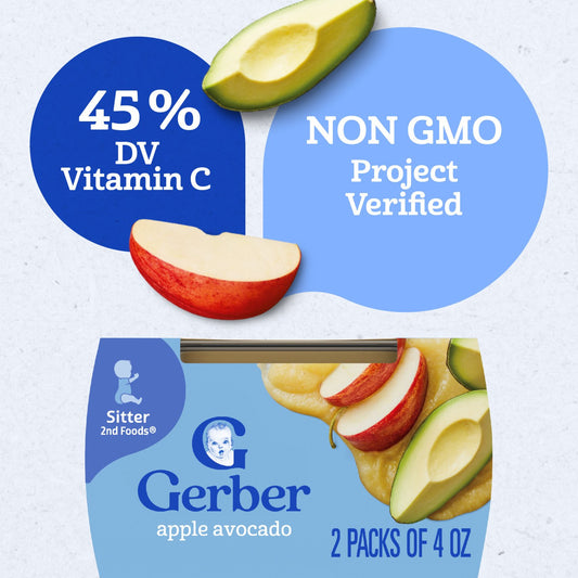 Gerber Stage 2 Baby Food - Apple Avocado, 4 oz Tubs