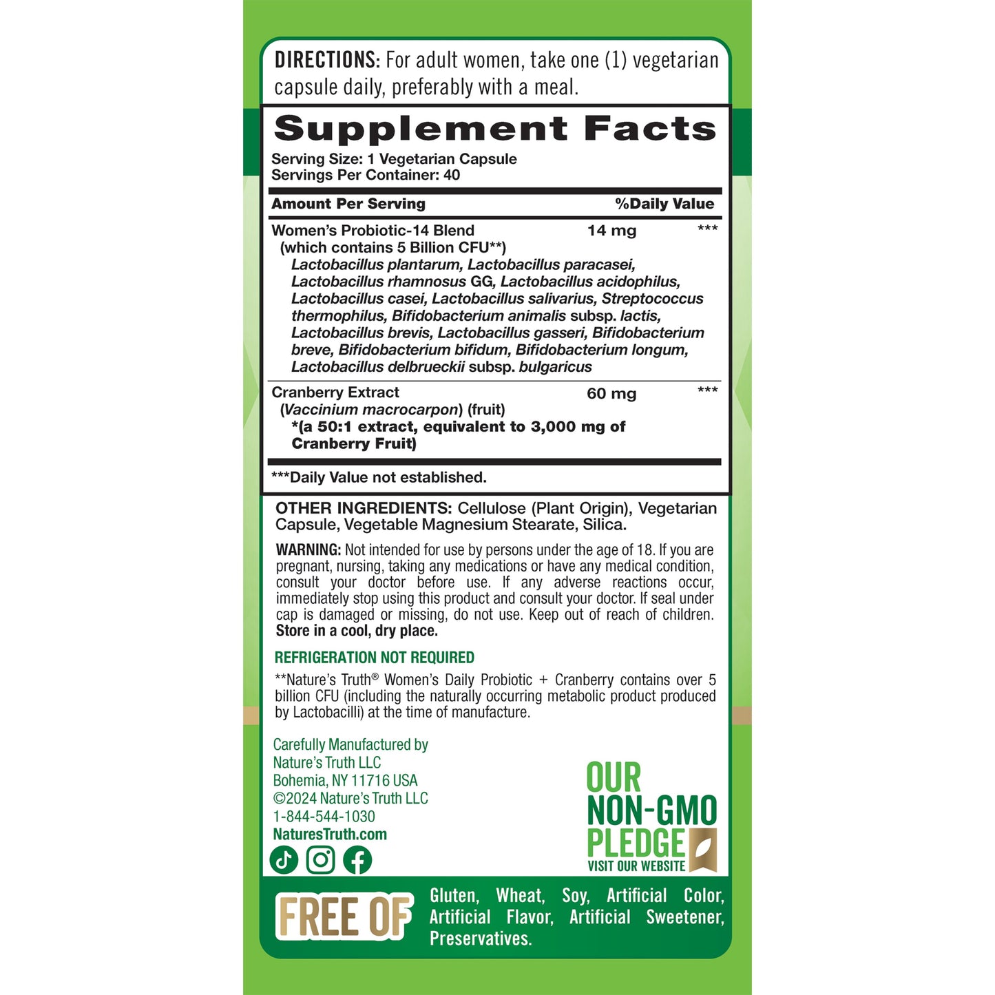 Nature's Truth Women's Probiotic + Cranberry Vegetarian Capsules