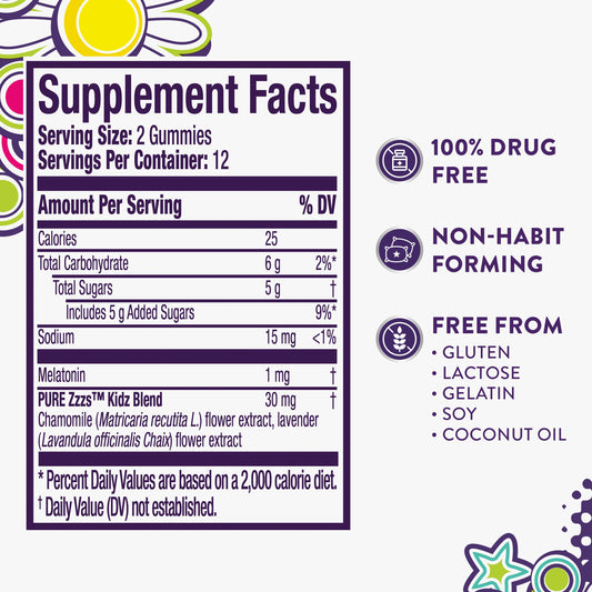 Vicks PURE Zzzs Kids Melatonin Sleep Aid Gummies with Chamomile & Lavender, Berry Flavor