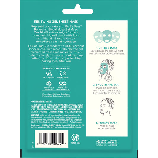 Burt's Bees Renewing Biocellulose Gel Face Mask - Rose & Algae Extract