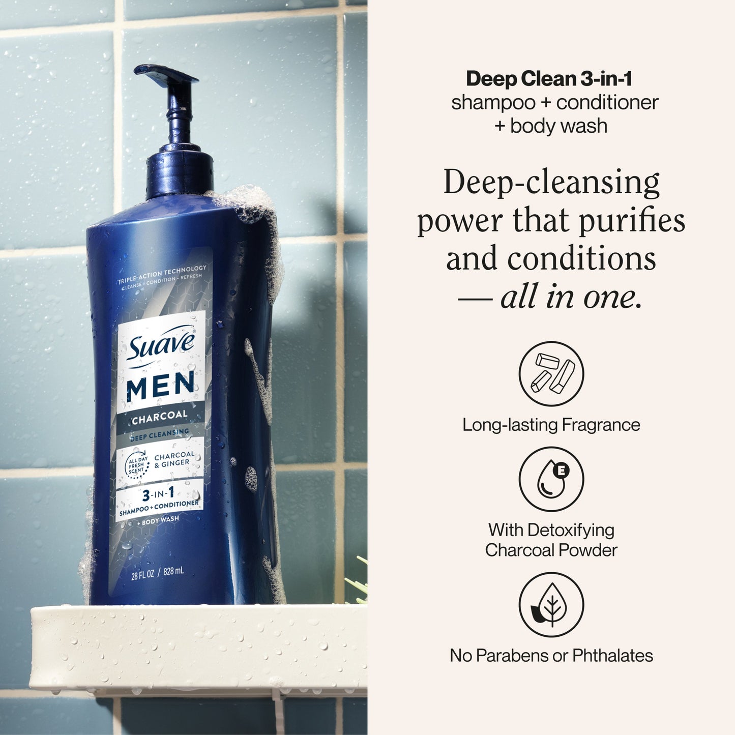 Suave Men Charcoal 3-in-1 Shampoo, Conditioner & Body Wash - Charcoal & Ginger