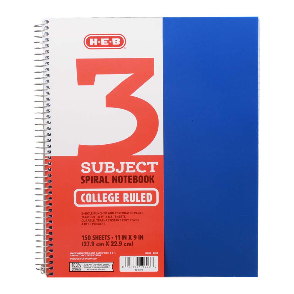 H-E-B 3 Subject College Ruled Poly Spiral Notebook - Blue