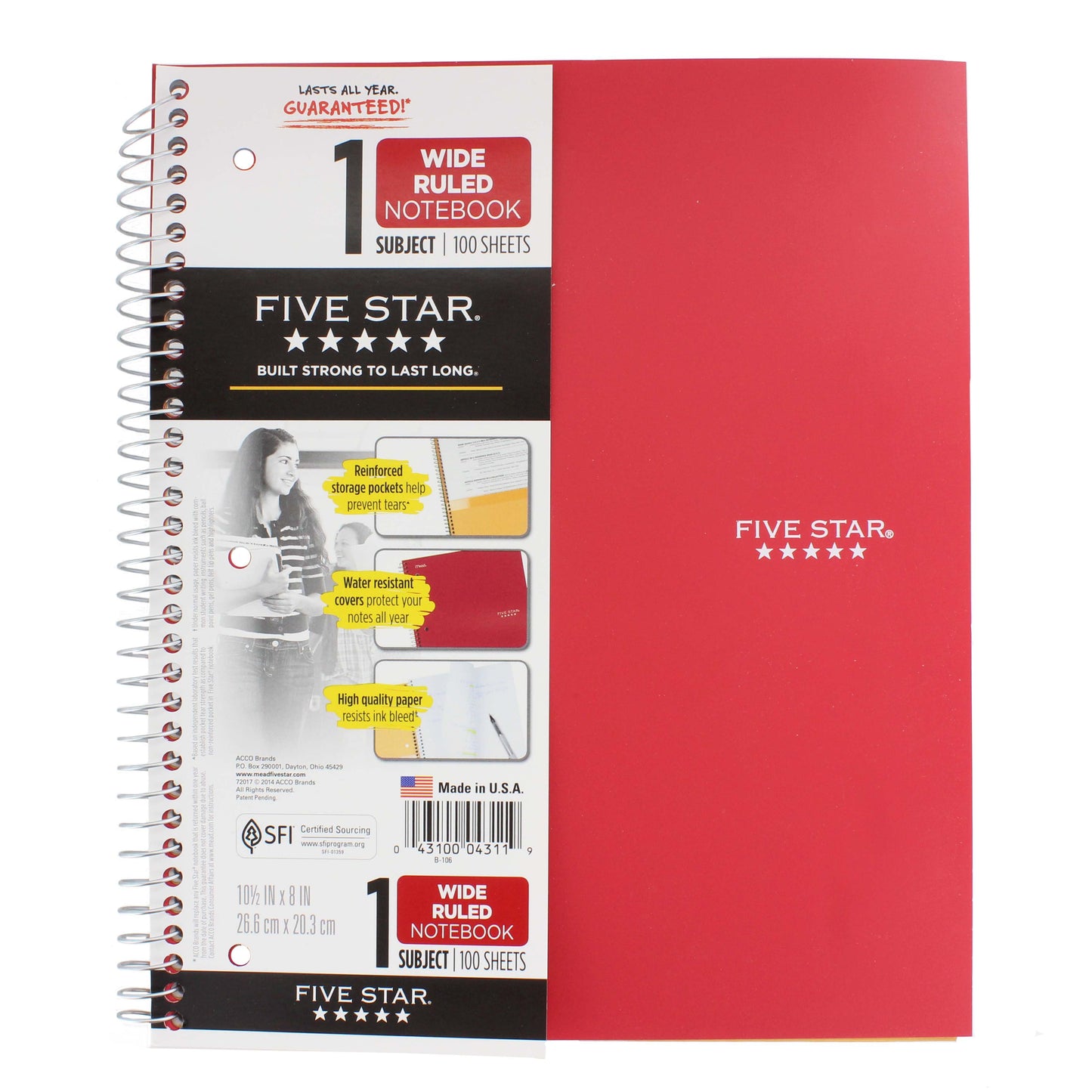Five Star 1 Subject Wide Ruled Spiral Notebook - Fire Red