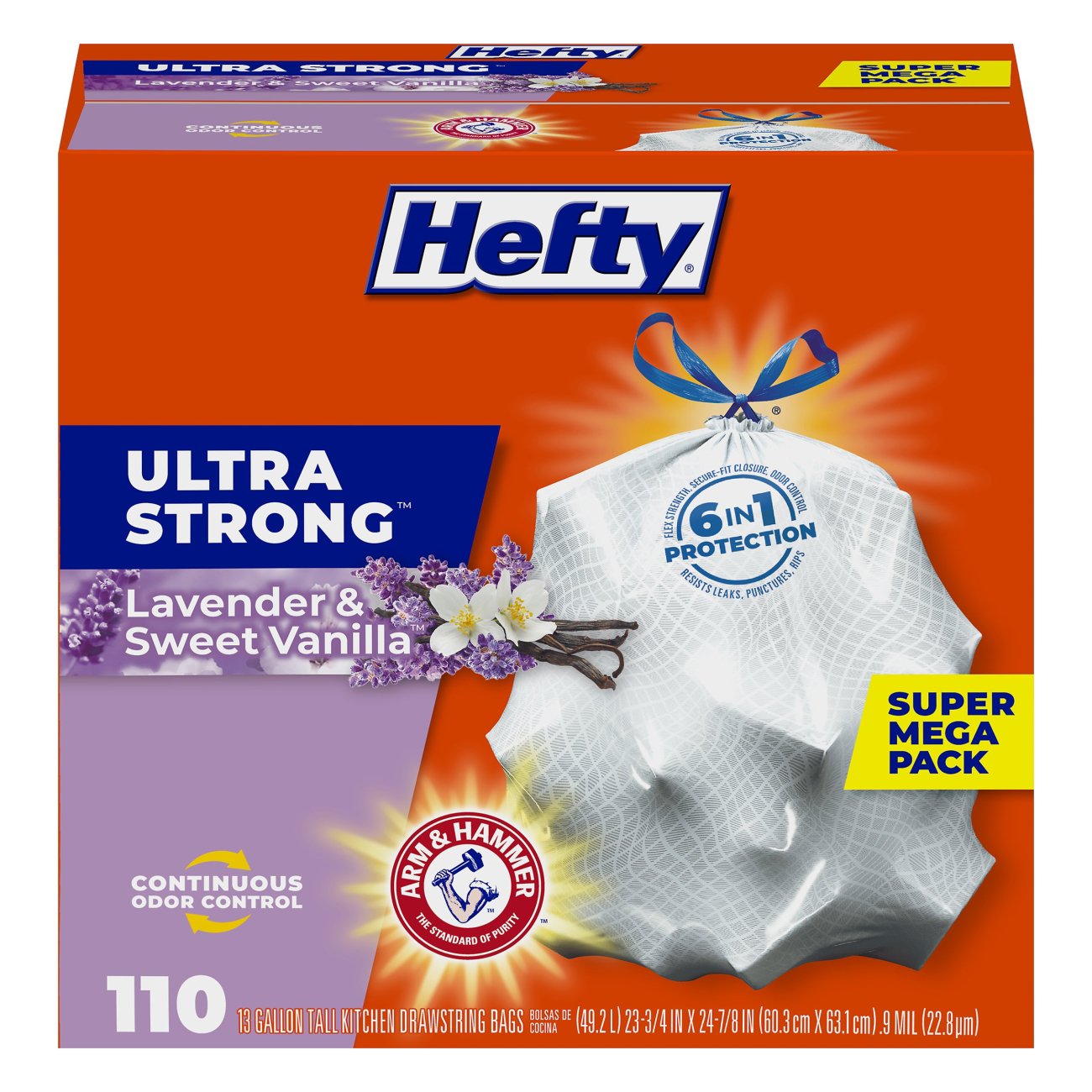 Hefty Ultra Strong Tall Kitchen Drawstring Trash Bags, 13 Gallon - Lavender & Sweet Vanilla Scent