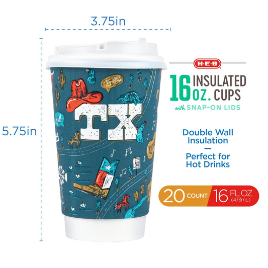 H-E-B 16 oz Insulated Coffee Cups with Snap-On Lids