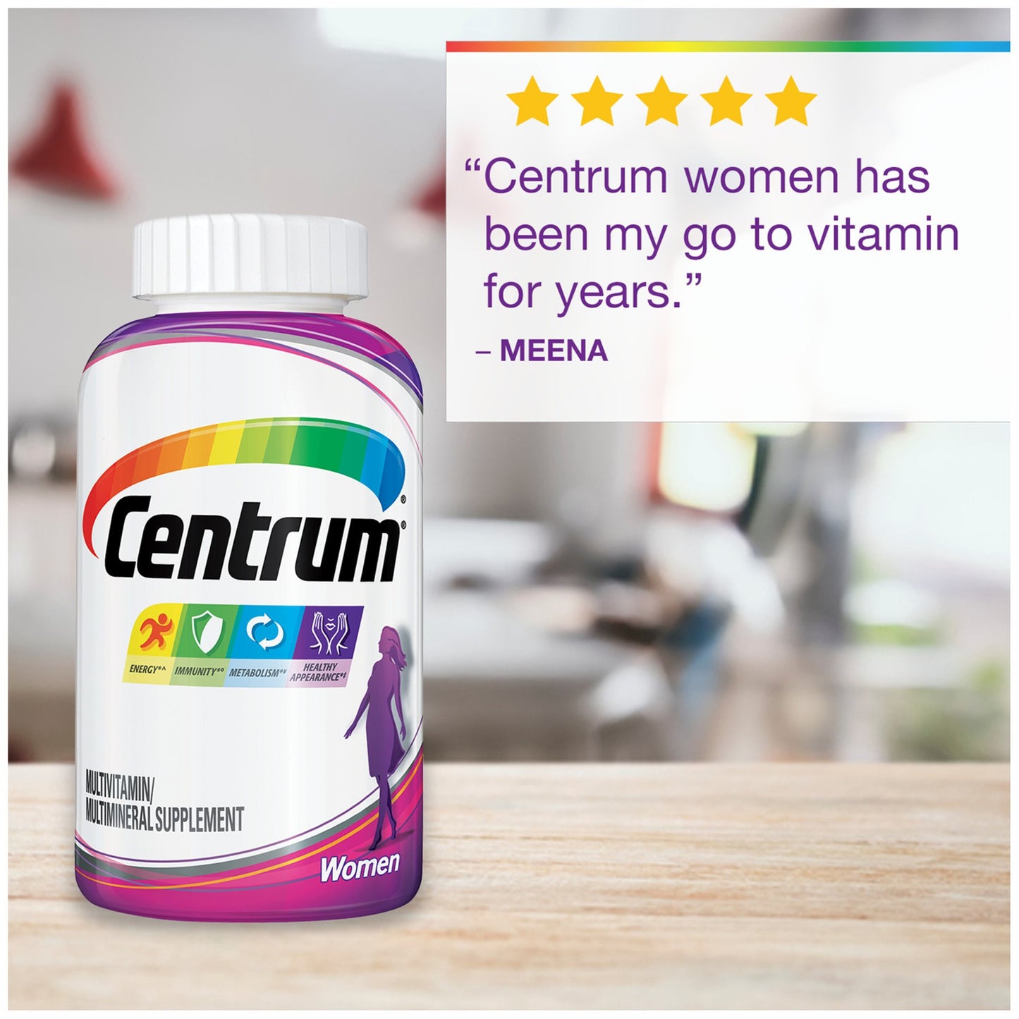 Centrum Multivitamin for Women, Multivitamin/Multimineral Supplement with Iron, Vitamin D3, B Vitamins and Antioxidant Vitamins C and E, Gluten Free, Non-GMO Ingredients