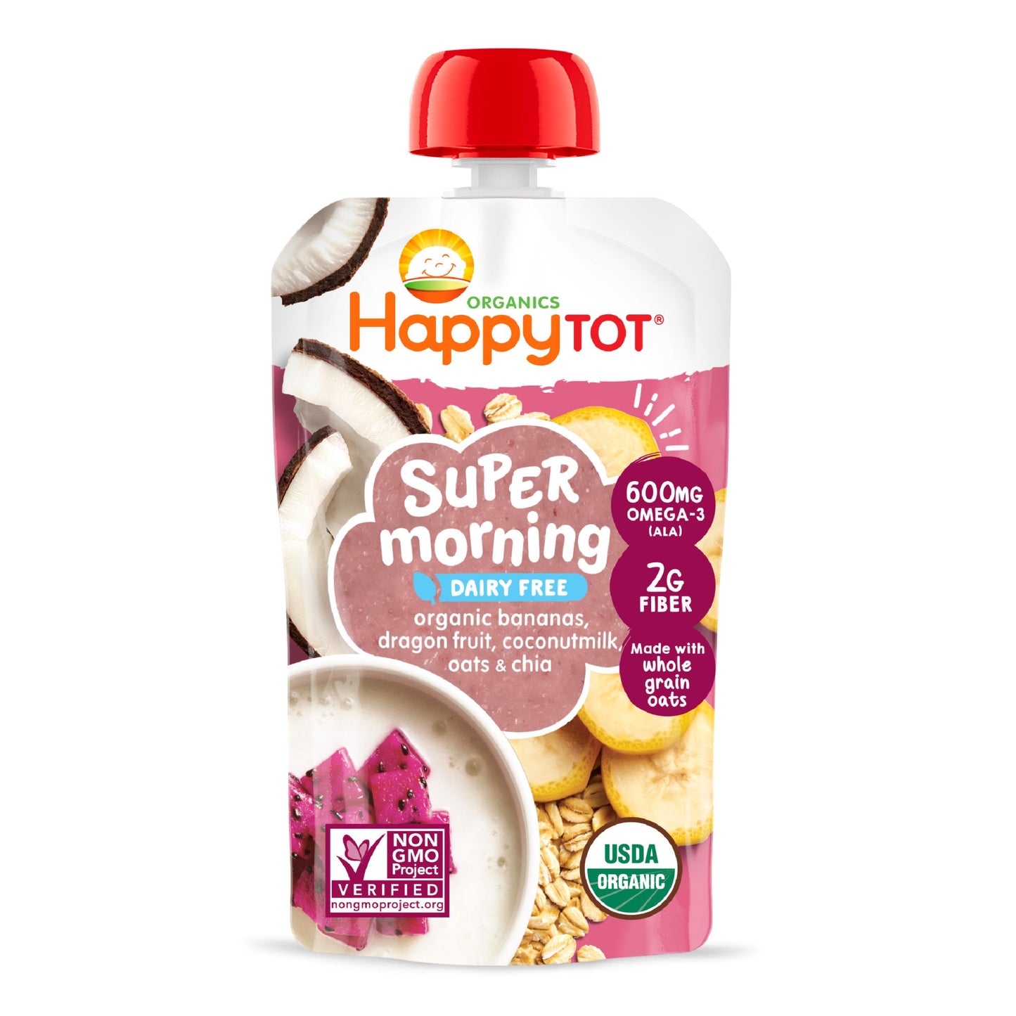 Happy Tot Organics Super Morning Pouch - Bananas Dragon Fruit Coconut Milk Oats & Chia