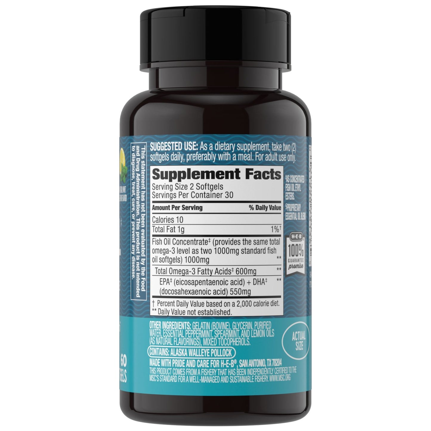 H-E-B Vitamins Alaskan Fish Oil Mini 600 mg Omega 3 Mint & Lemon Softgels