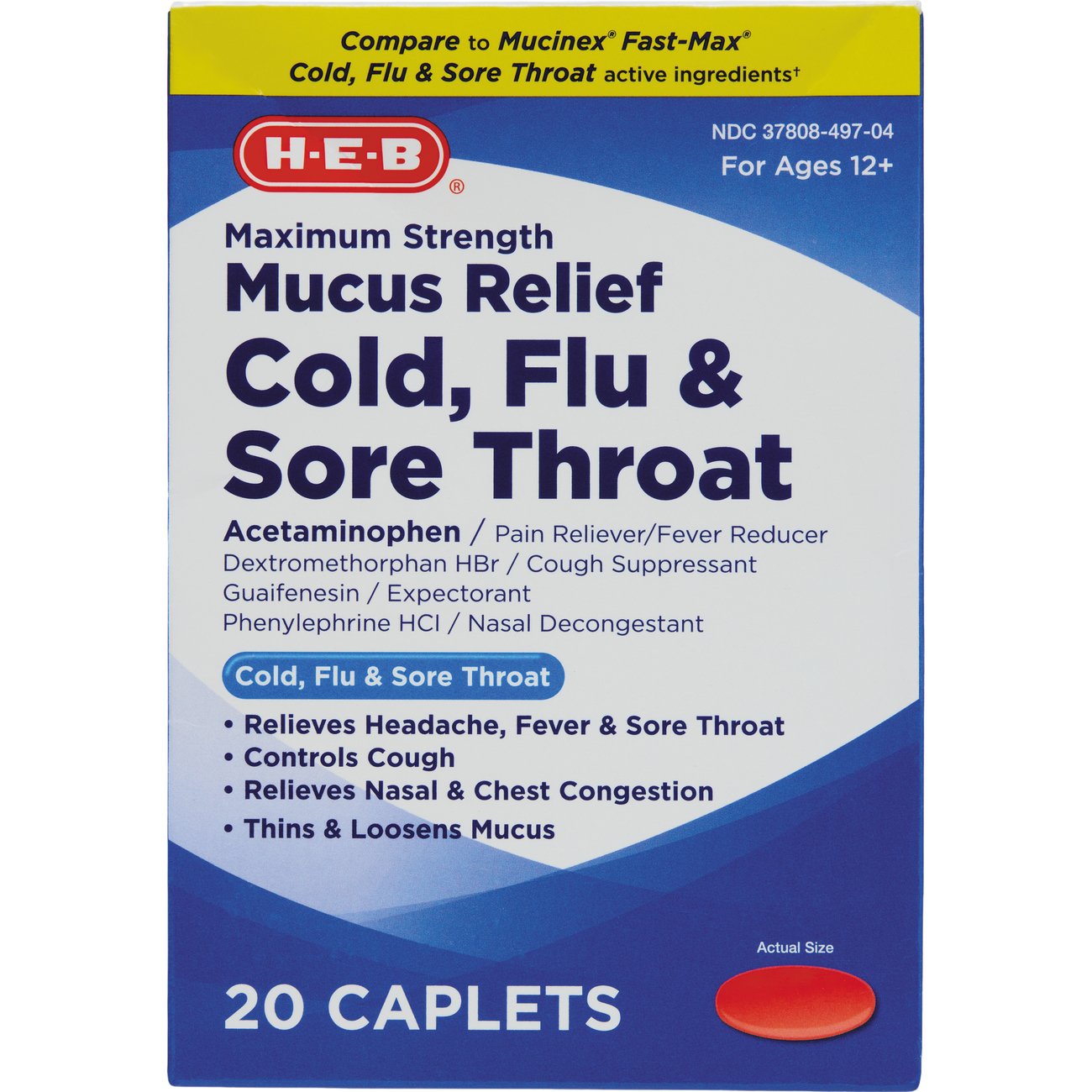 H-E-B Maximum Strength Mucus Relief Cold, Flu & Sore Throat Caplets