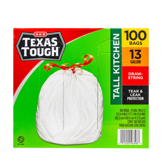 H-E-B Texas Tough Tall Kitchen Drawstring Trash Bags, 13 Gallon