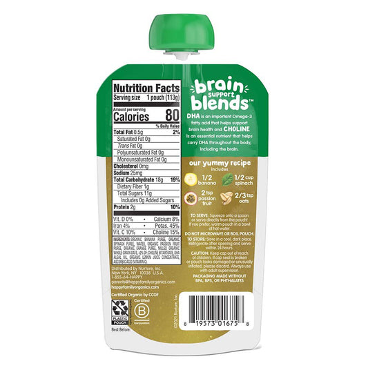 Happy Baby Organics Brain Support Blends Pouch - Bananas Spinach Passion Fruit & Oats