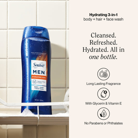 Suave Men 3 in 1 Mens Body Wash, Hair, Face and Body Wash - Citus & Musk