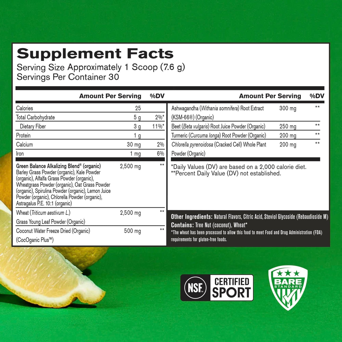 Bare Performance Nutrition Strong Greens Superfood Greens Powder - Lemon