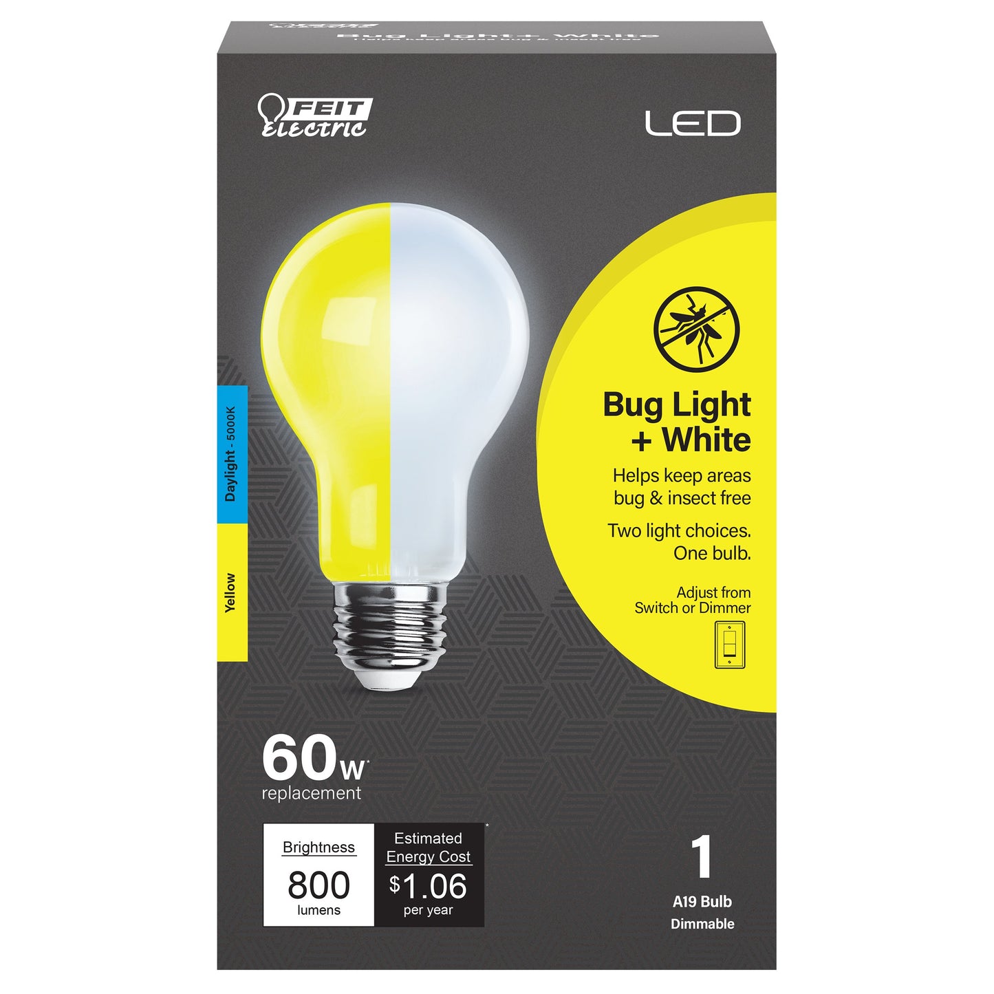 Feit Electric Yellow Bug Light & White Daylight A19 60W LED Bulb