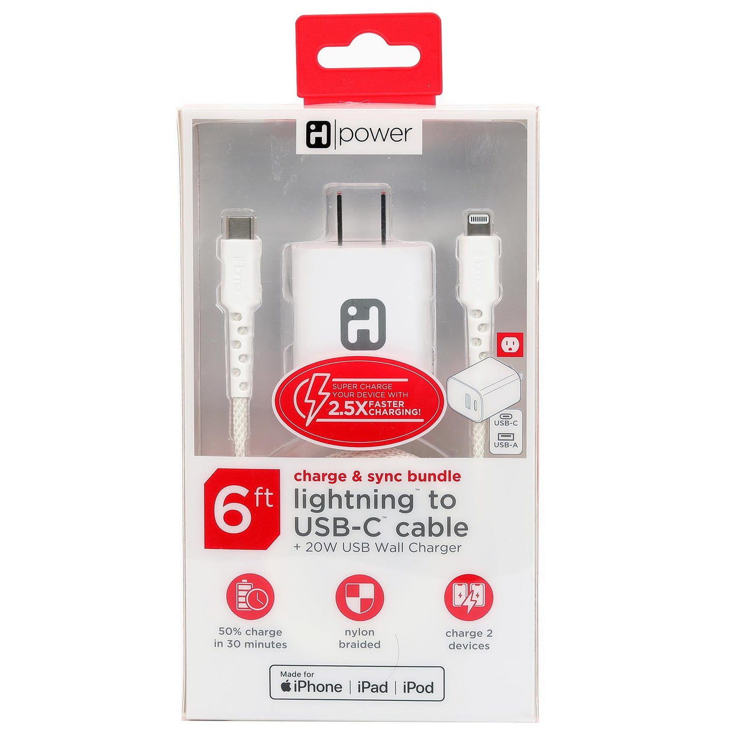 iHome Lightning to USB-C Cable with USB-C Wall Charger - White