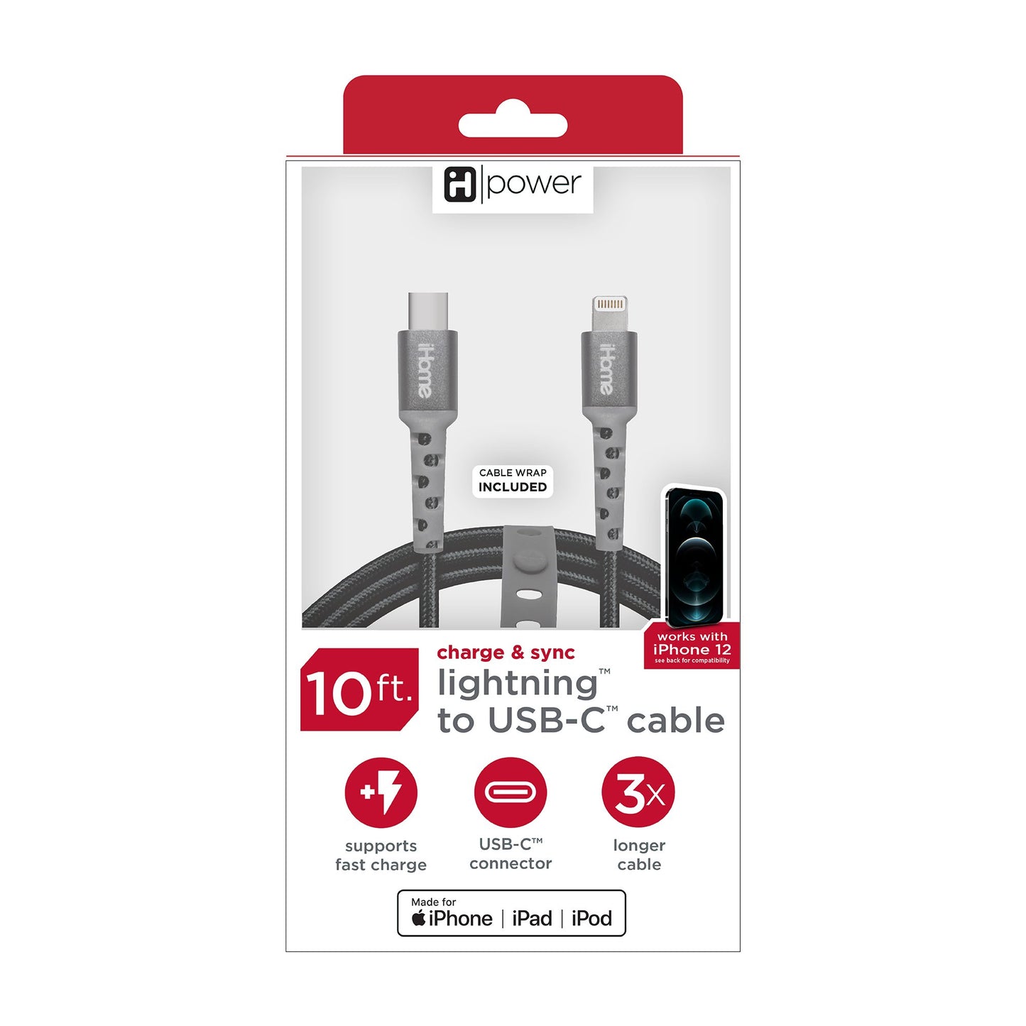 iHome Nylon Lightning to USB-C Charging Cable - Black