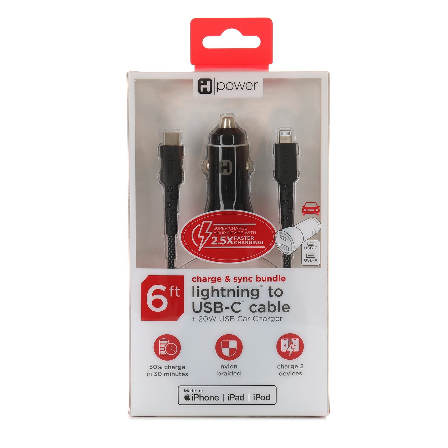 iHome Lightning to USB-C Cable with Car Charger - Black