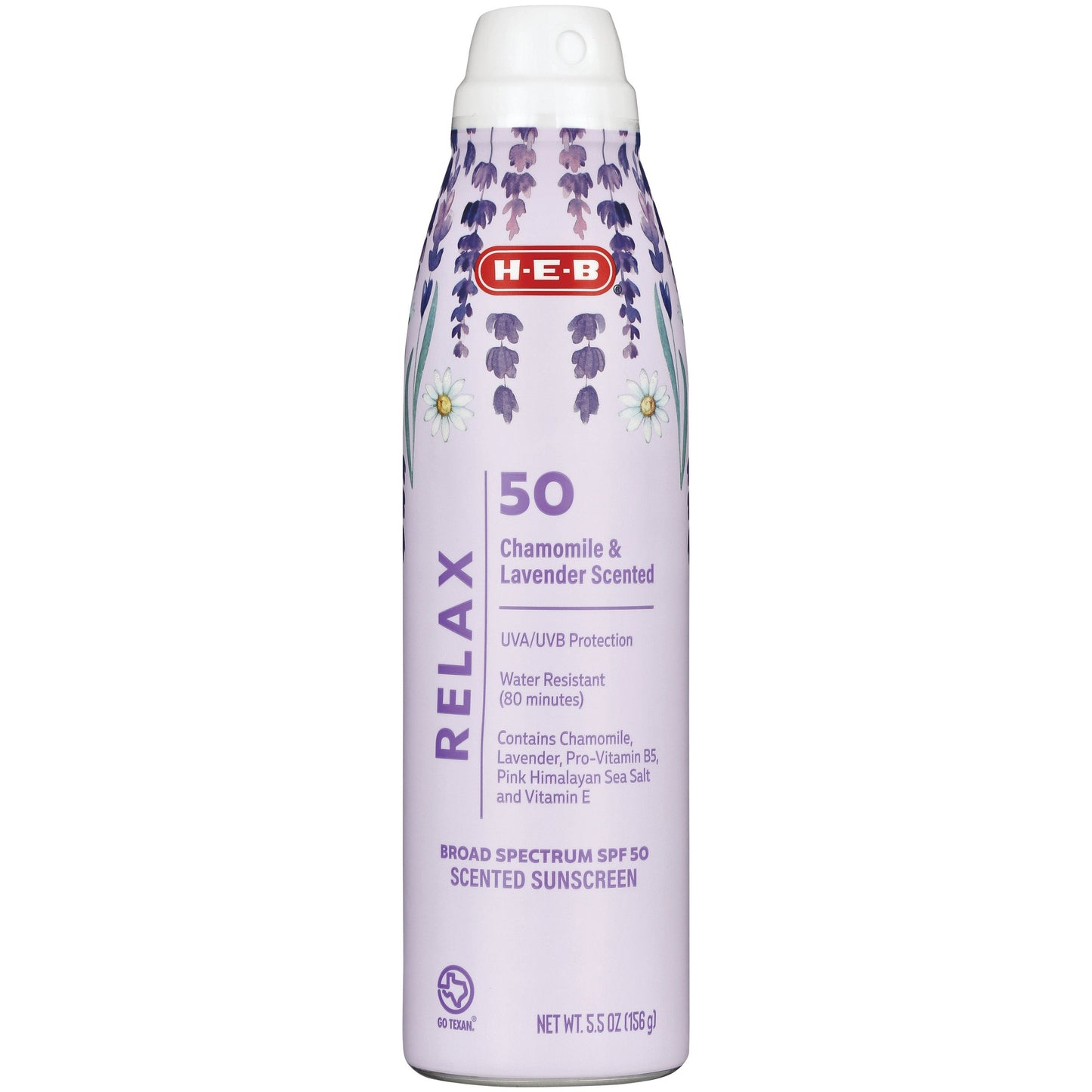 H-E-B Relax Chamomile & Lavender Scented Oxybenzone Free Sunscreen Spray – SPF 50