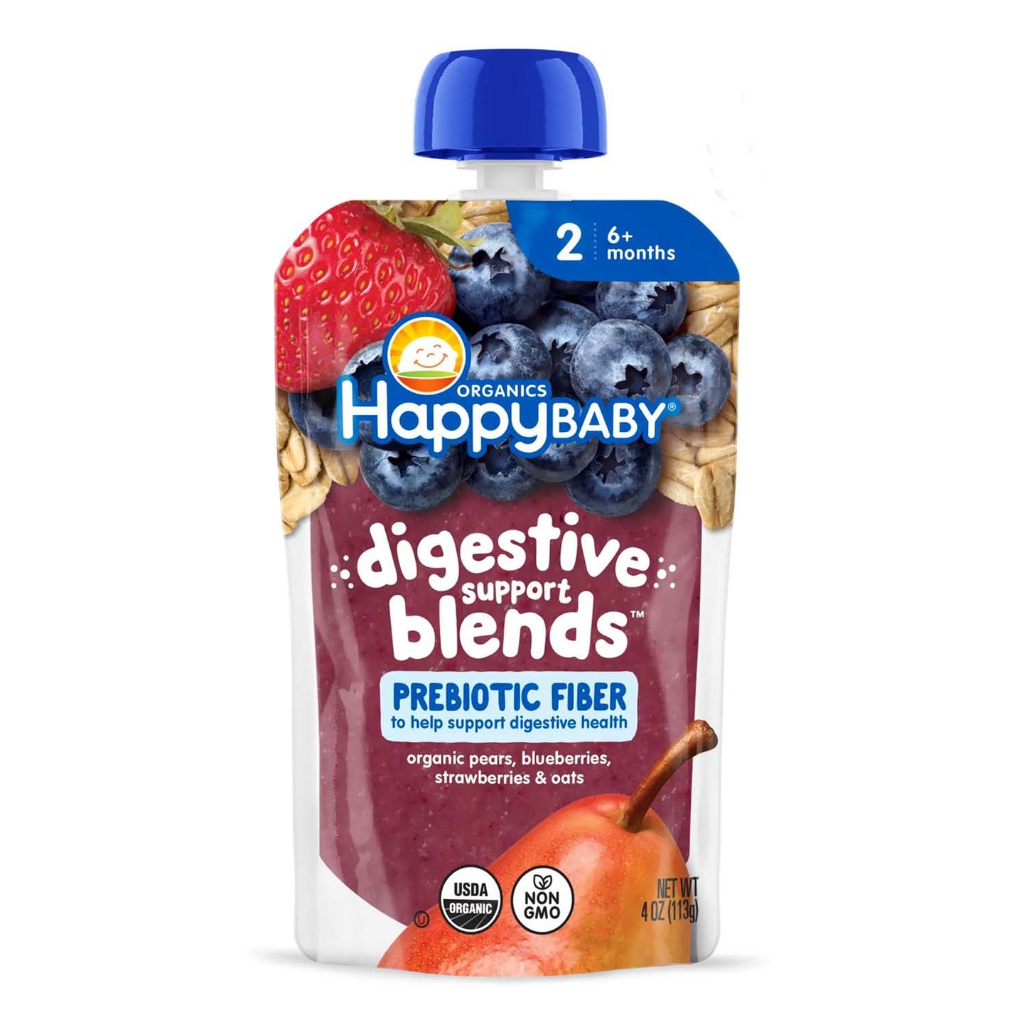 Happy Baby Organics Digestive Support Blends Pouch - Pear, Blueberry, Strawberry & Oat
