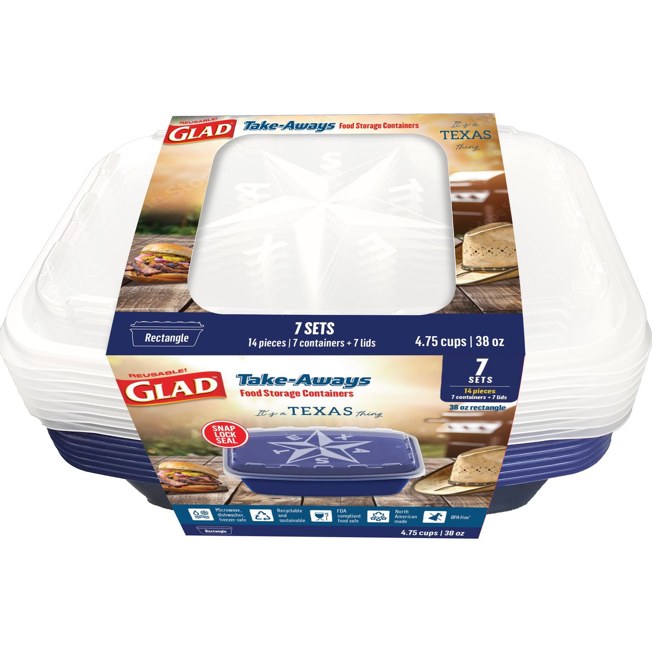 Glad Take-Aways Rectangle Food Storage Containers - Blue Texas Edition, 7 pk