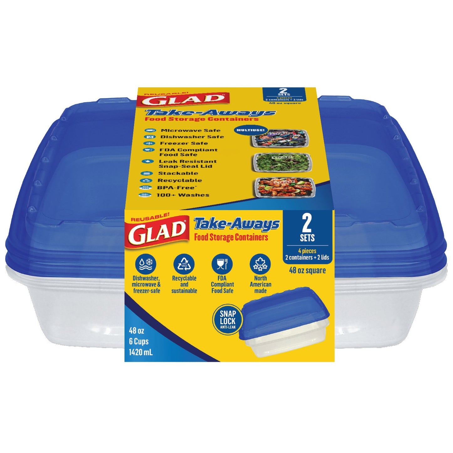 Glad Take-Aways Square Food Storage Containers, 2 pk