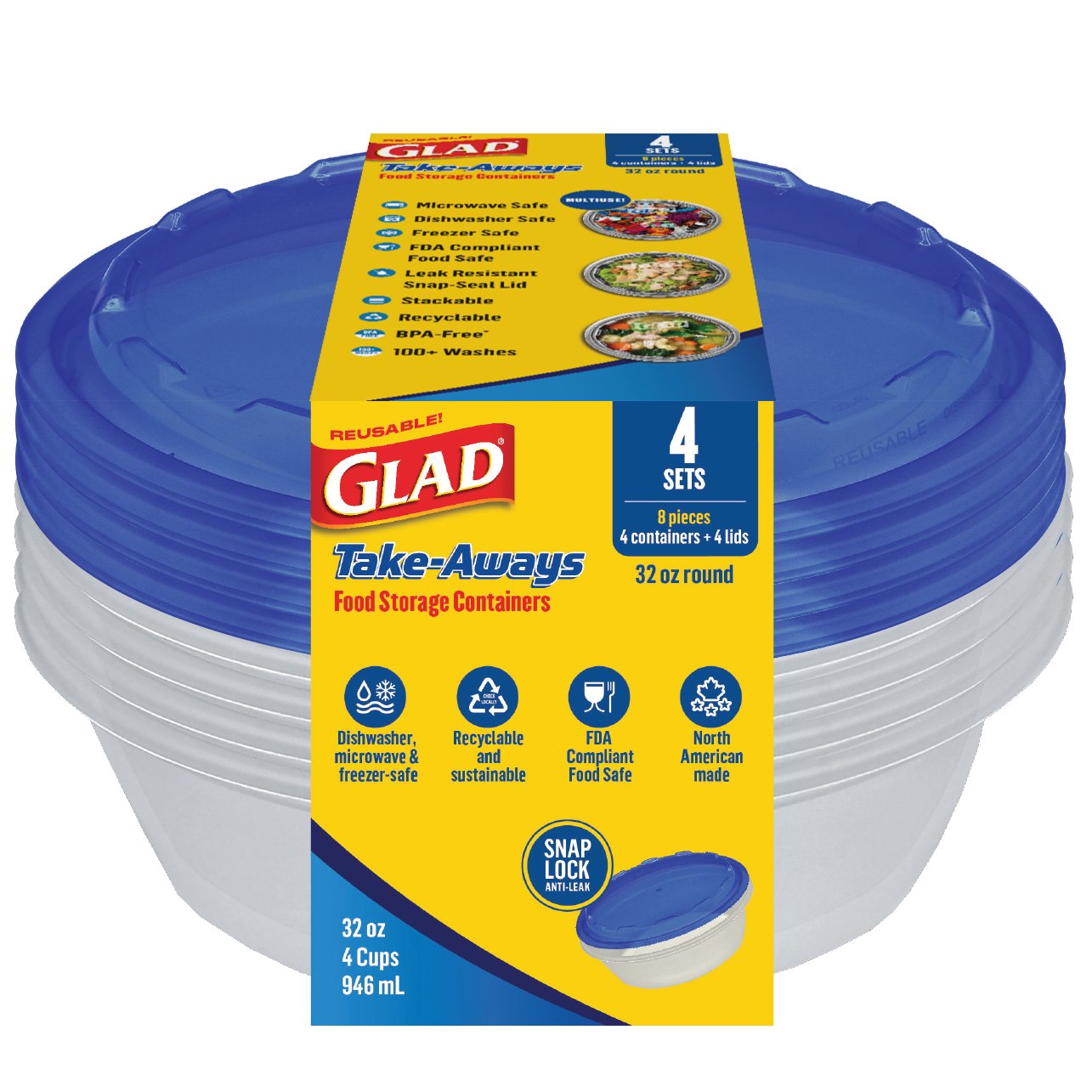 Glad Take-Aways Round Food Storage Containers, 4 pk