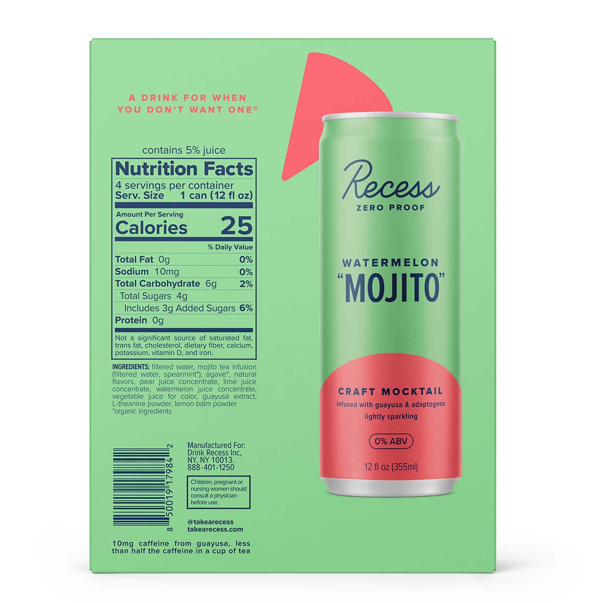 Recess Zero Proof Watermelon Mojito Craft Mocktail 4 pk Cans