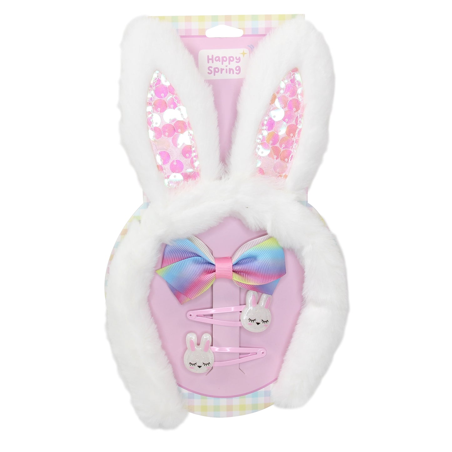 Happy Spring Pink Easter Bunny Ears Headband & Hair Clips