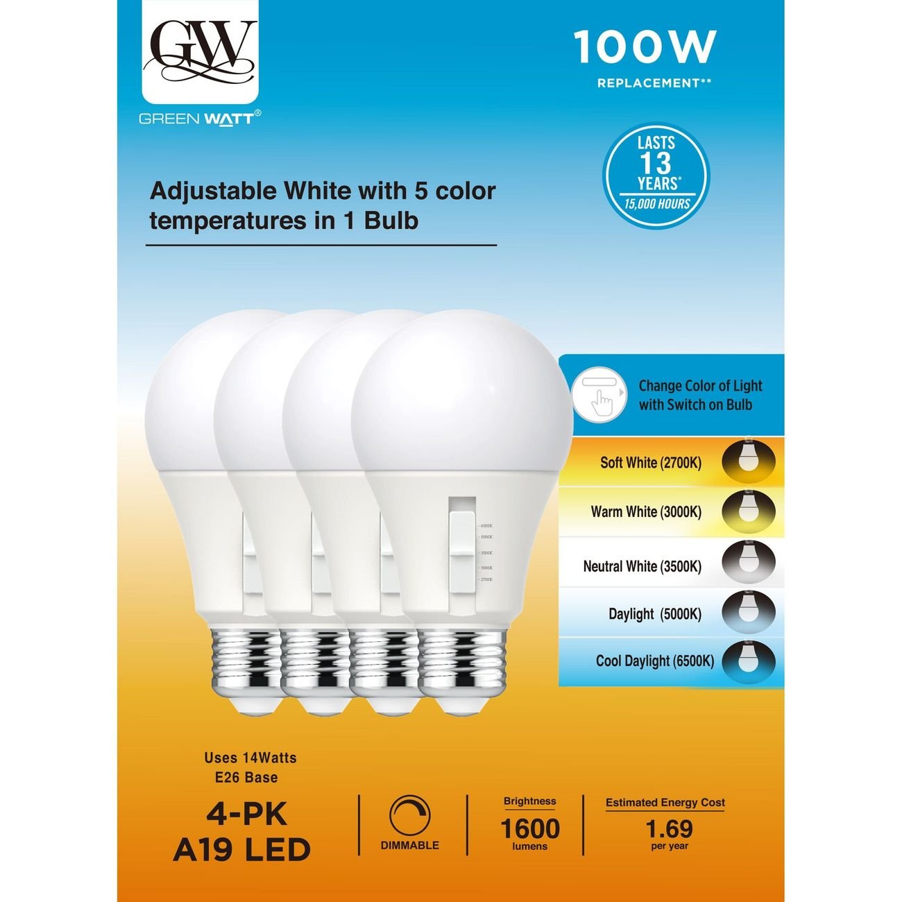 Green Watt A19 100-Watt A19 LED Dimmable Light Bulb