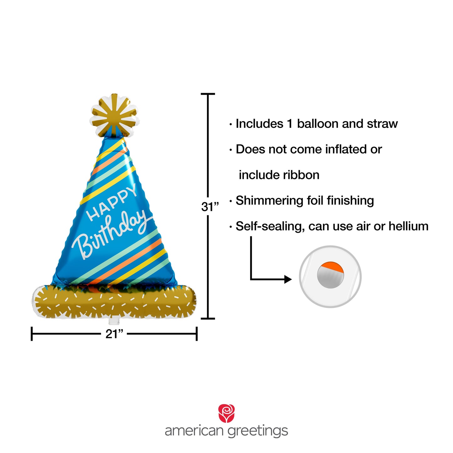 American Greetings Happy Birthday Party Hat Uninflated Foil Balloon with Inflation Straw