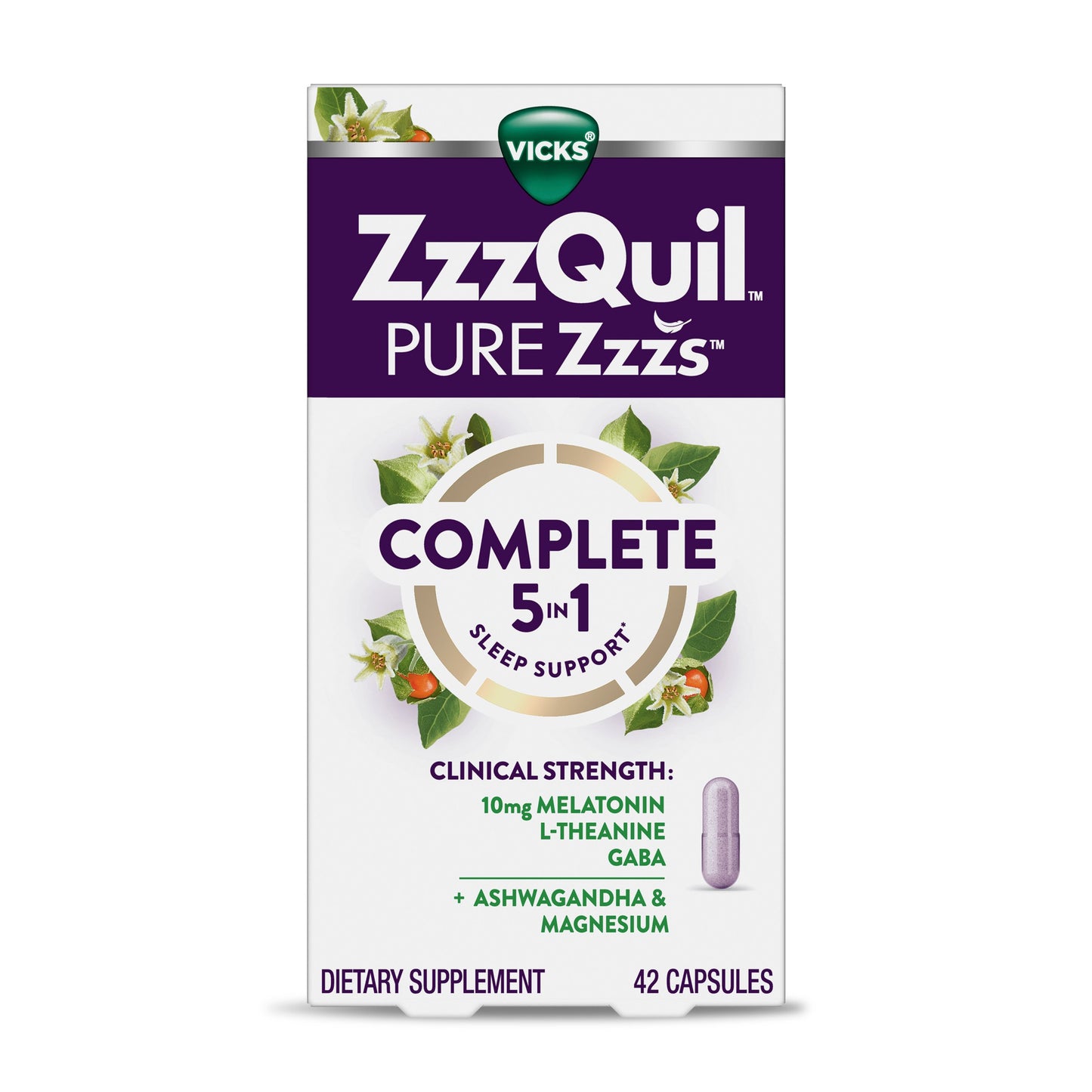 Vicks ZzzQuil PURE Zzzs Complete Sleep, Melatonin Sleep Aid with Ashwagandha & Magnesium