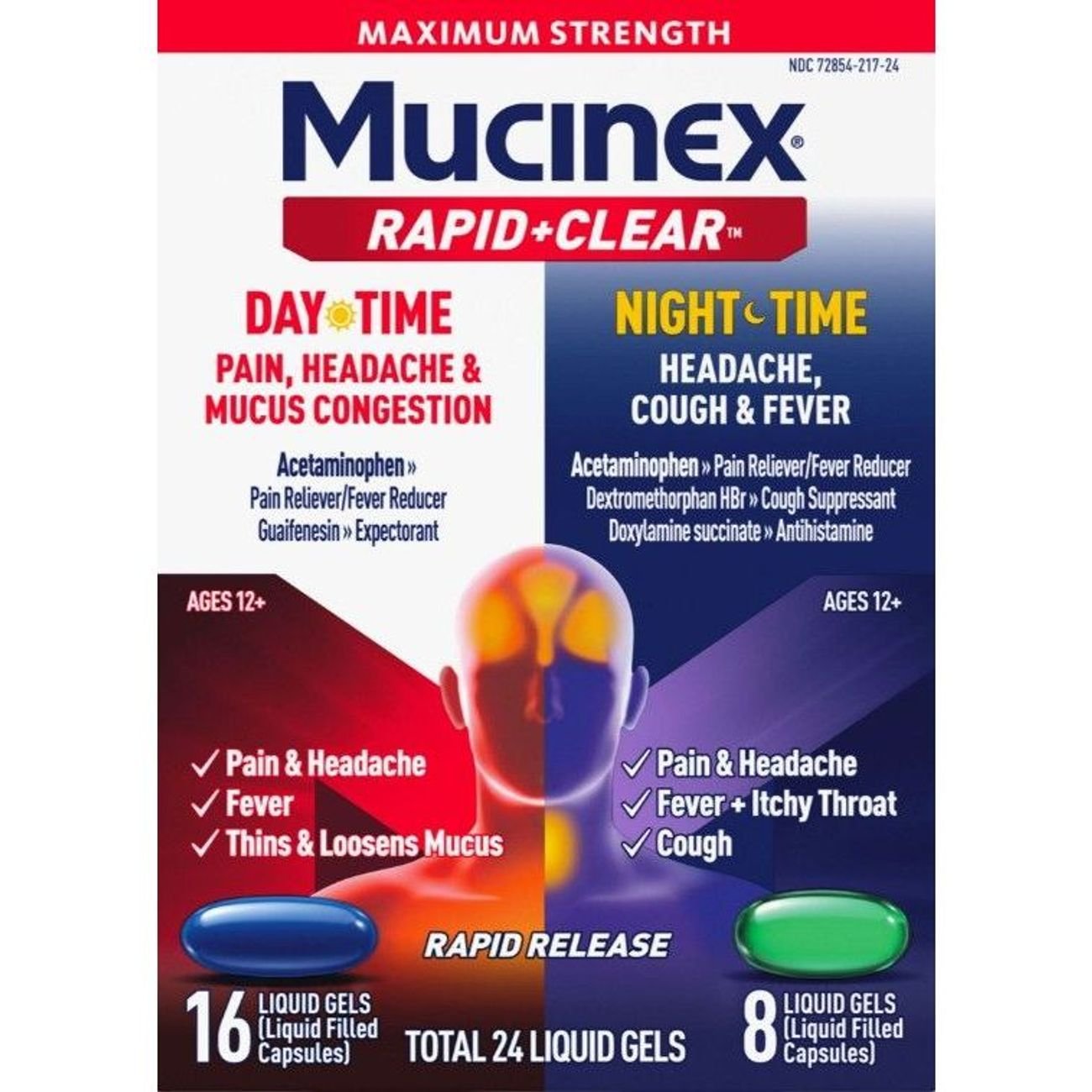 Mucinex Rapid Plus Clear Maximum Strength Daytime & Nighttime Pain Relief Liquid Gels