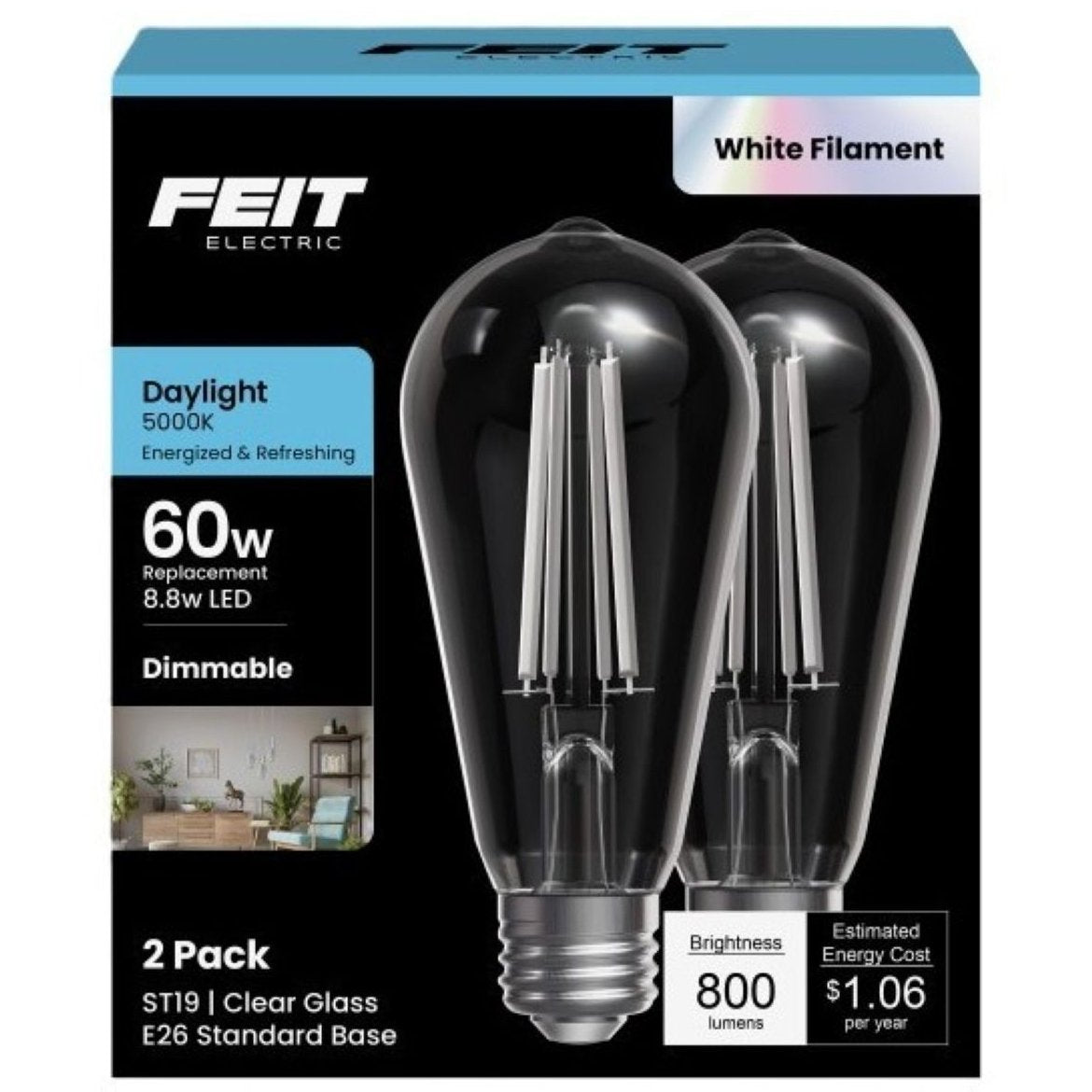 Feit Electric ST19 60W Clear Glass White Filament Lightbulbs