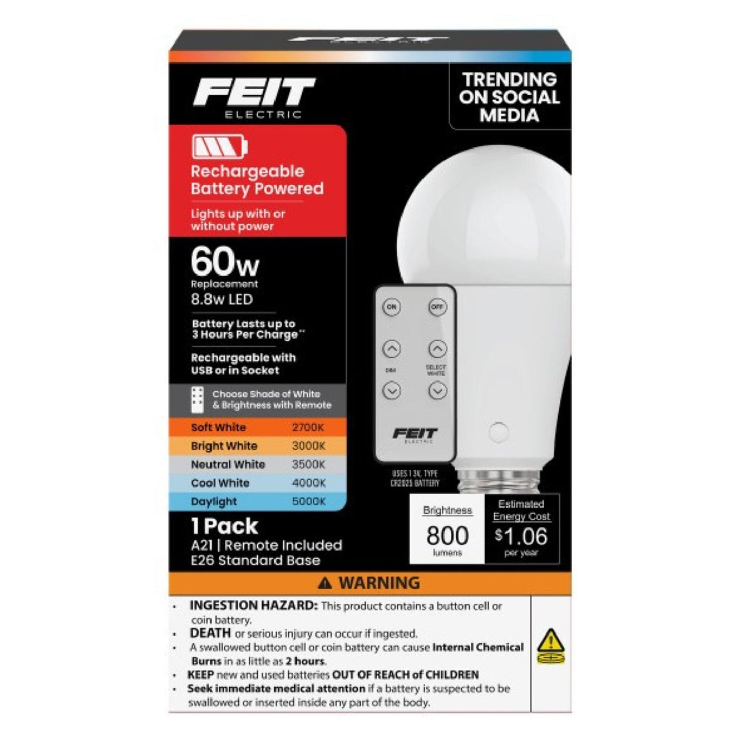 Feit Electric Battery Powered White Dimmable A21 Bulb