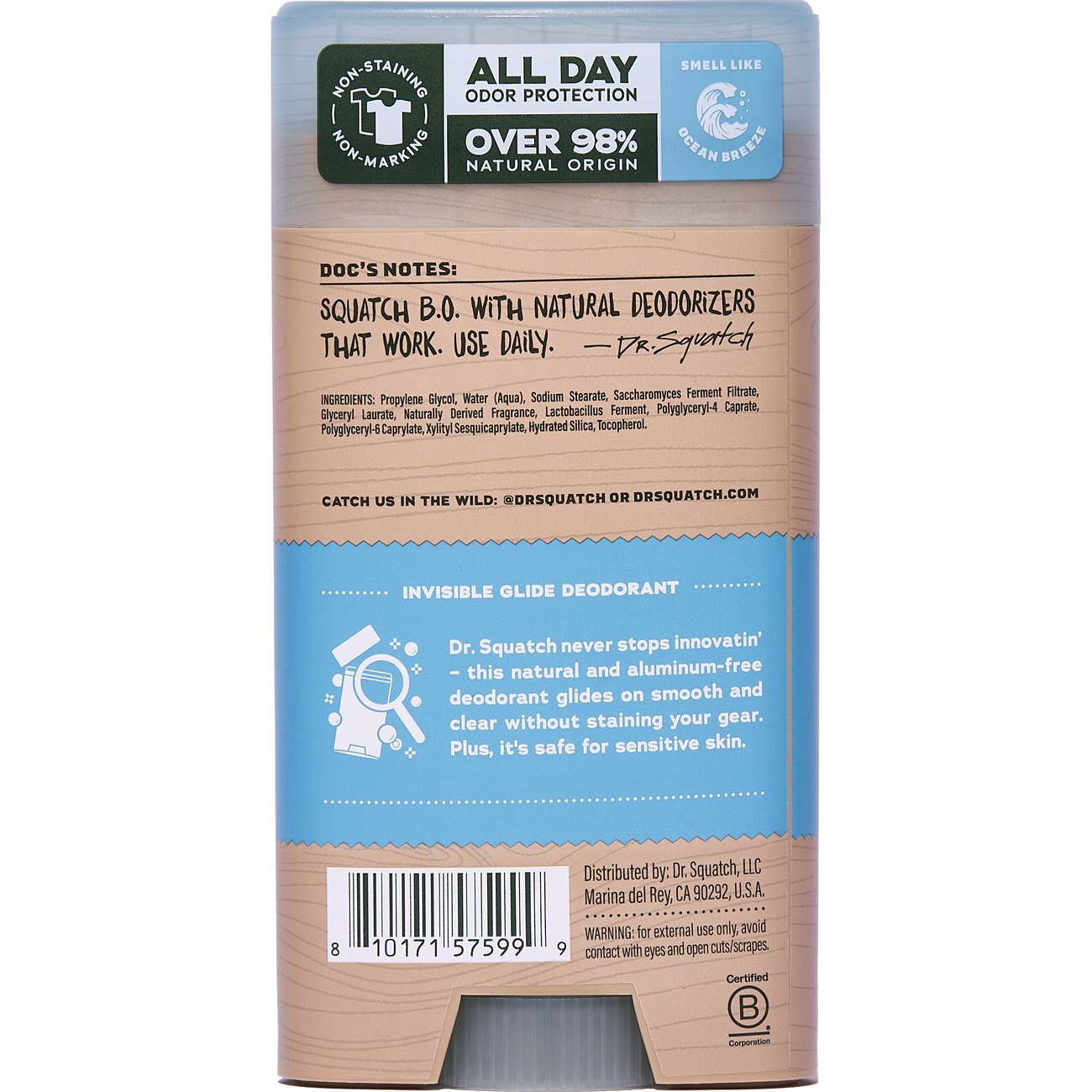 Dr. Squatch Men's Natural Invisible Glide Aluminum Free Deodorant Solid - Coastal Mist