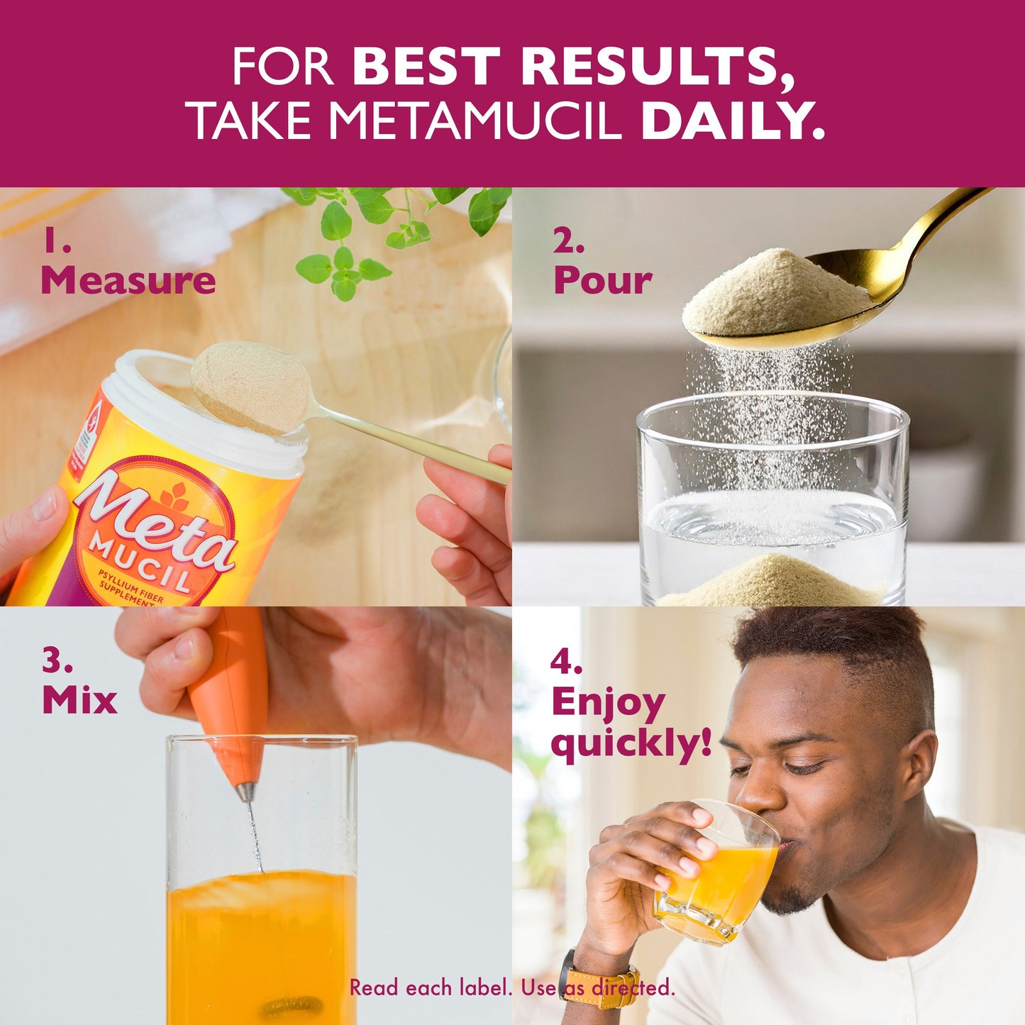 Metamucil 4-in-1 Psyllium Husk Fiber Supplement, Sugar-Free, Daily Fiber Powder for Digestive Health, Orange Flavor