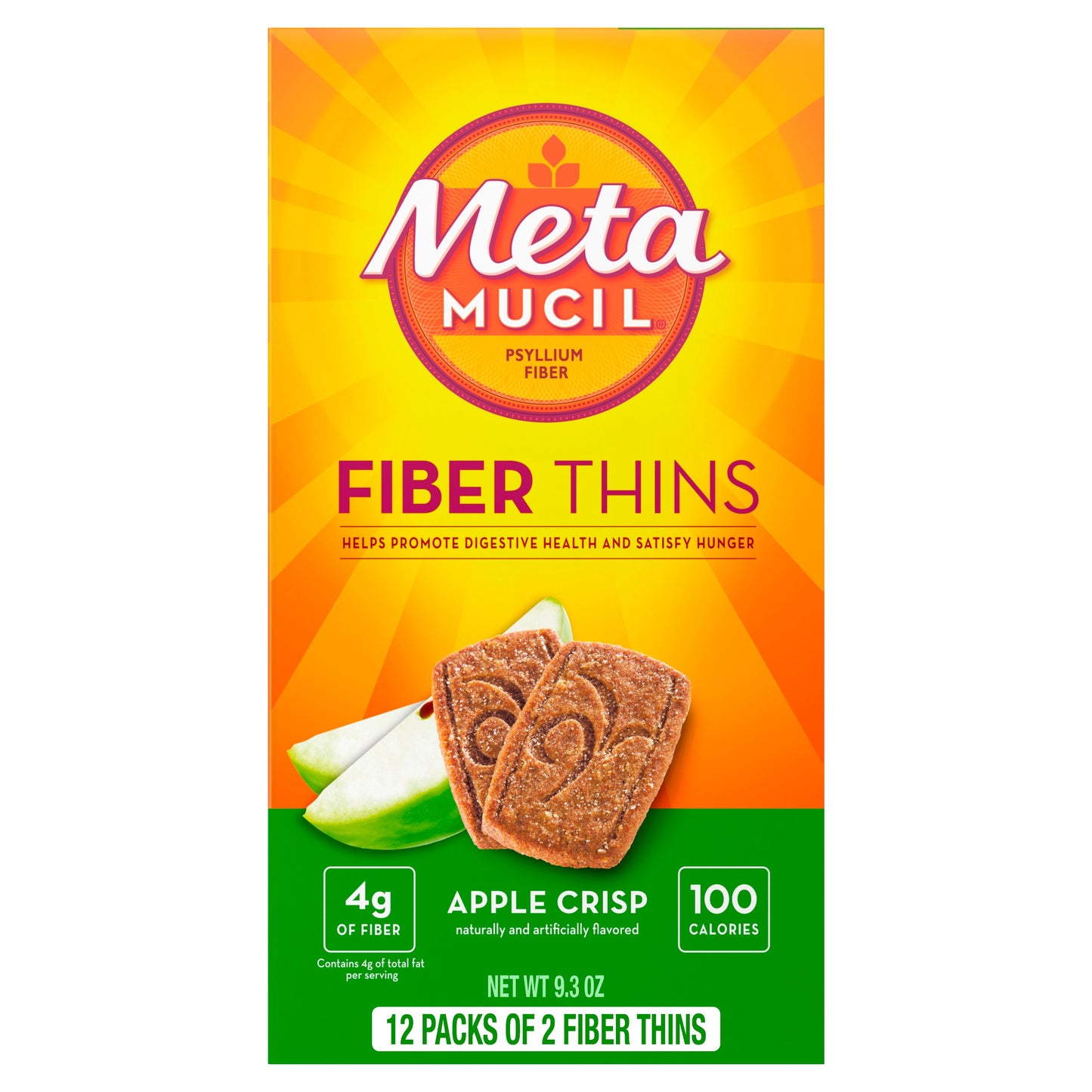 Metamucil Fiber Thins, Plant-Based Psyllium Husk Fiber Snack for Digestive Health, Apple Crisp